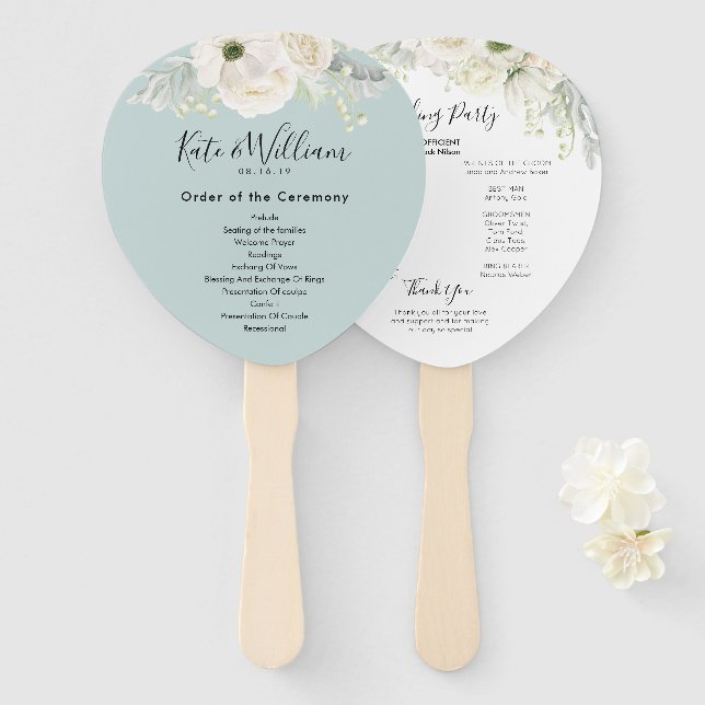 Vintage White Anemones Roses Hand Fan (Front and Back)