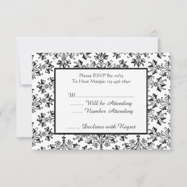 Vintage White Black Damask Editable RSVP Cards (Back)