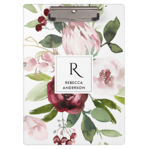 VINTAGE WHITE BLUSH PINK BURGUNDY PROTEA FLORAL CLIPBOARD
