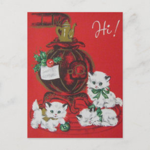 Vintage White Christmas Kittens Holiday Postcard
