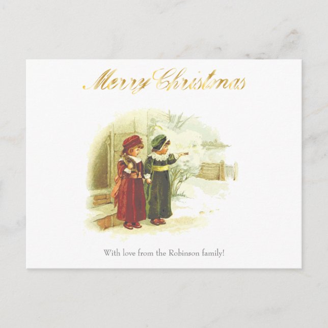 Vintage white christmas scene with two sisters postcard (Front)