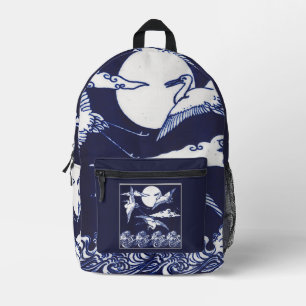 Vintage White Cranes on Dark Navy Blue Printed Backpack