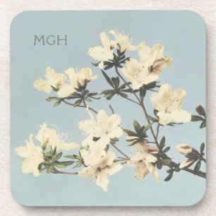 Vintage White Cream Azalea Flowers Monogram Cork Coaster