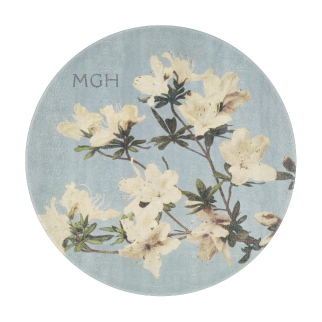 Vintage White Cream Azalea Flowers Monogram Cutting Board (Front)