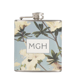 Vintage White Cream Azalea Flowers Monogram Hip Flask