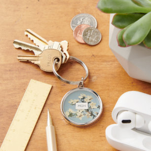 Vintage White Cream Azalea Flowers Monogram Key Ring