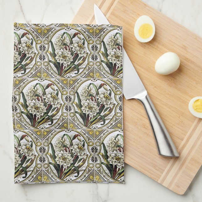 Vintage White Daffodil Tile Pattern Kitchen Towels (Quarter Fold)