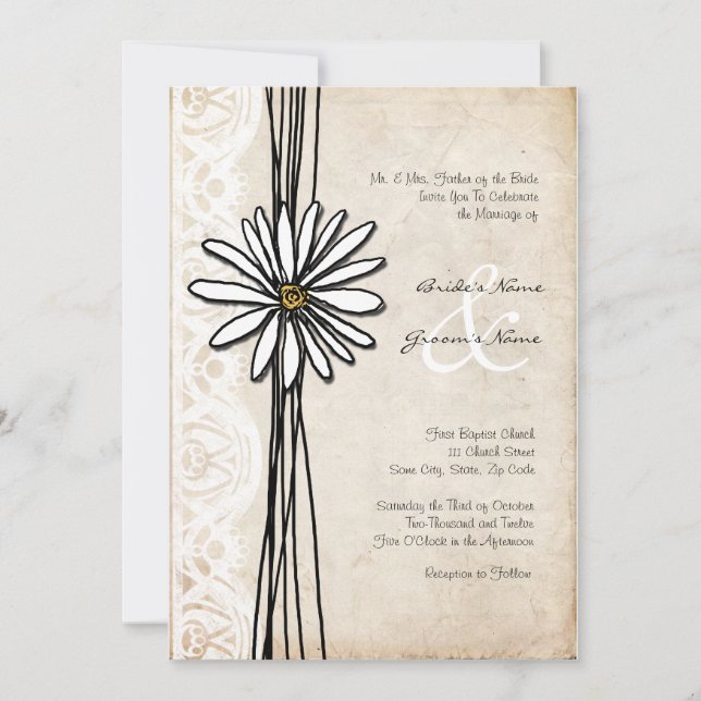 Vintage White Daisy Wedding Invitation (Front)