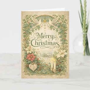 Vintage White Dove Christmas Wreath Holiday Card