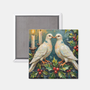 Vintage White Doves and Holly Garland Christmas Magnet