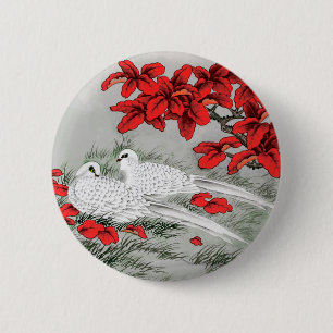 Vintage White Doves and Red Leaves on Grey / Grey 6 Cm Round Badge