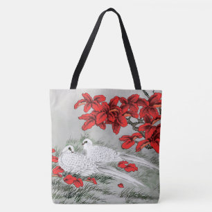 Vintage White Doves and Red Leaves on Grey Tote Bag