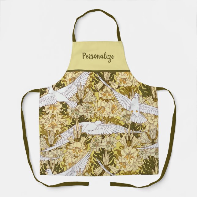 Vintage White Doves Flying Pattern Apron (Front)