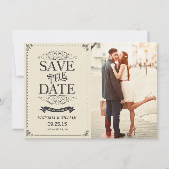 Vintage White Elegant Save the Date Announcement (Front)