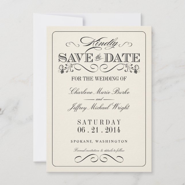 Vintage White Elegant Save the Date WT313 (Front)