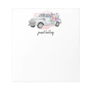 Vintage White Farm Truck and Flowers, Personalised Notepad