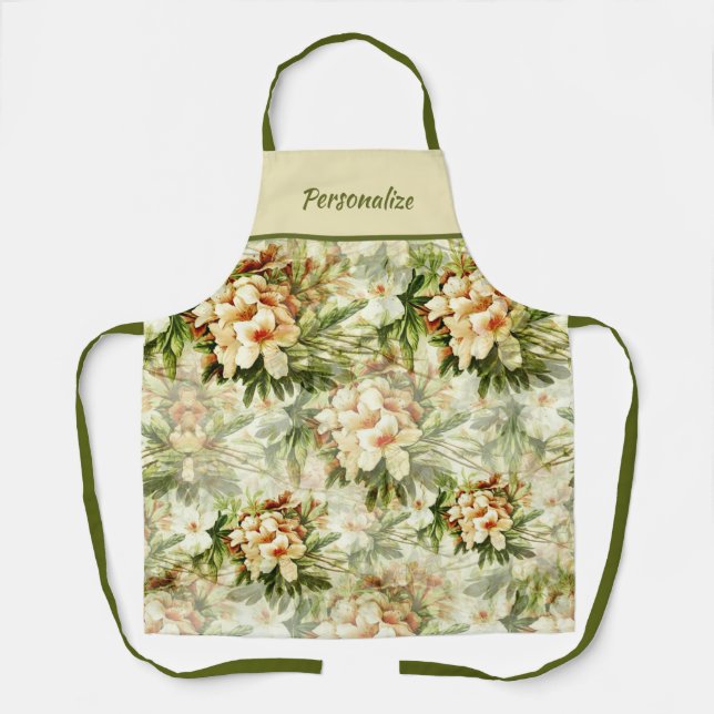 Vintage White Floral Bloom Flowers Apron (Front)