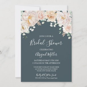 Vintage White Floral Navy Blue Bridal Shower Invitation