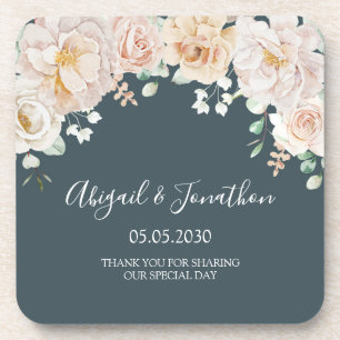 Vintage White Floral Navy Blue Wedding Coaster
