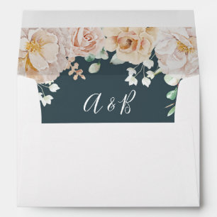 Vintage White Floral Navy Blue Wedding Envelope