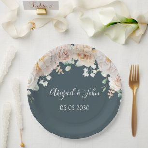 Vintage White Floral Navy Blue Wedding Paper Plate
