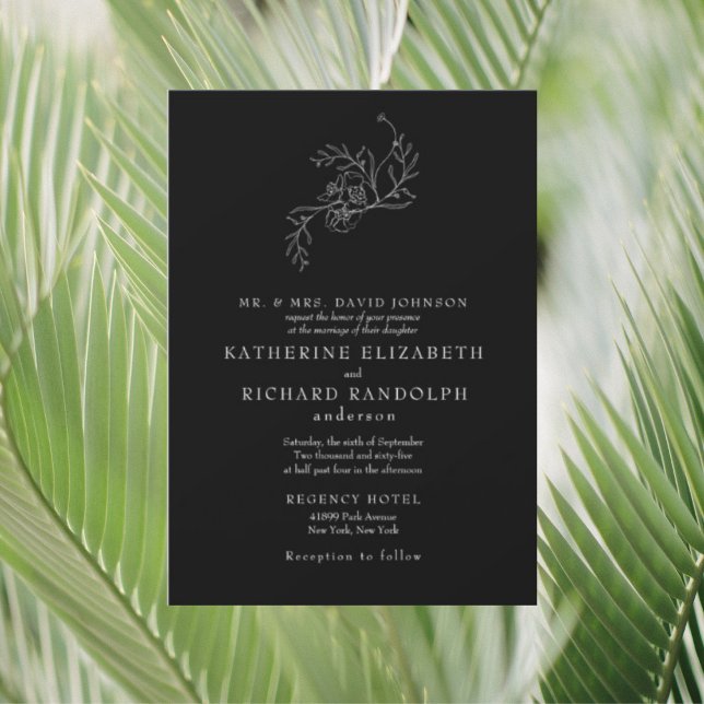 Vintage White Floral Outline Black Wedding Invitation (Creator Uploaded)