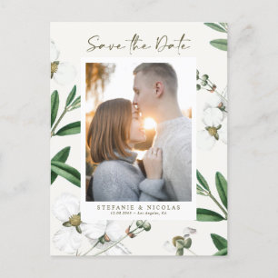 Vintage White Flower Botanical Photo Save the Date Postcard
