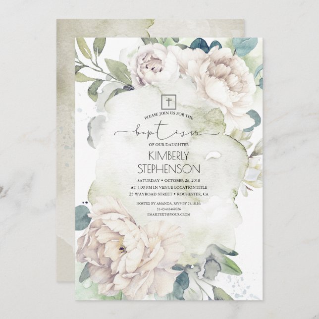 Vintage White Flowers and Greenery Baptism Invitation (Front/Back)