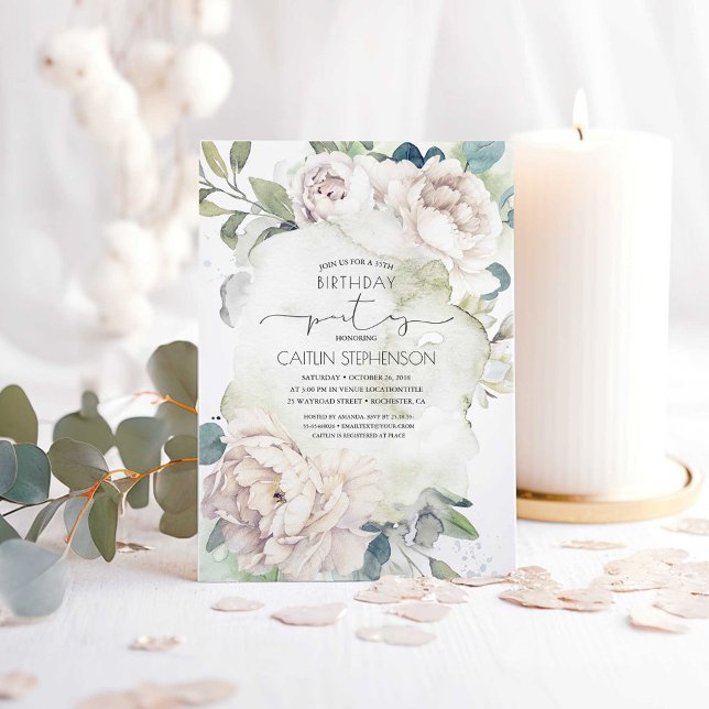 Vintage White Flowers and Greenery Birthday Invitation (White Flowers and Greenery Birthday Invitations)
