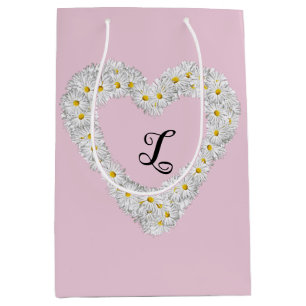 Vintage White Flowers Heart with Monogram Medium Gift Bag