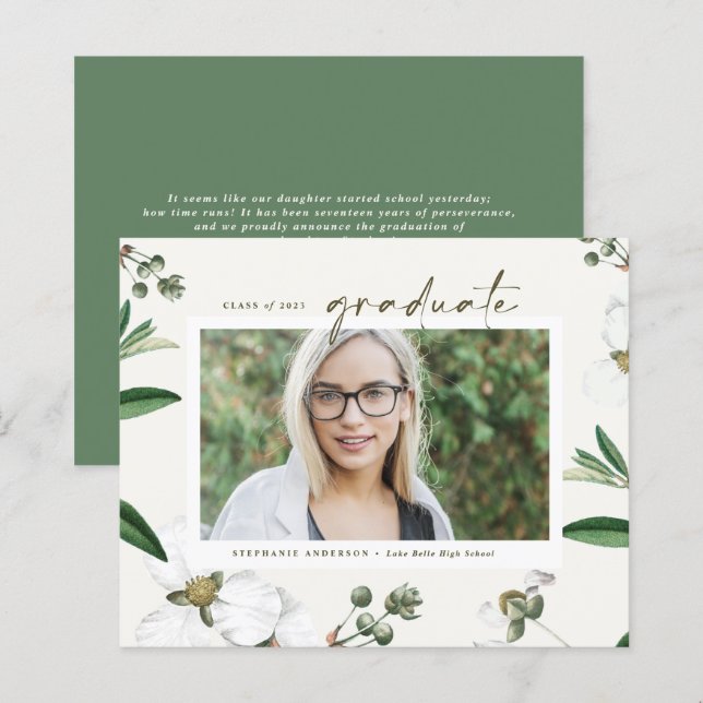 Vintage White Flowers Photo Graduation Invitation (Front/Back)