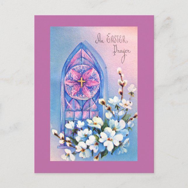 Vintage White Flowers Stained Glass Easter Holiday Postcard (Front)