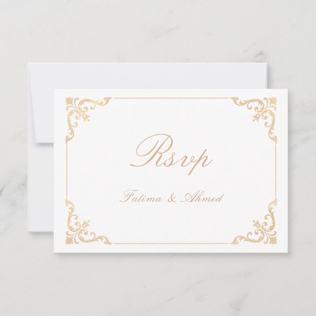 Vintage White Gold Muslim Wedding RSVP Card (Front)