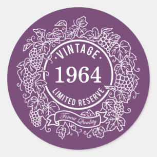 Vintage White Grapevine Wine Stamp, Add Birth Year Classic Round Sticker