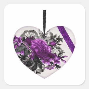 Vintage White Heart with purple flowers  Square St Square Sticker
