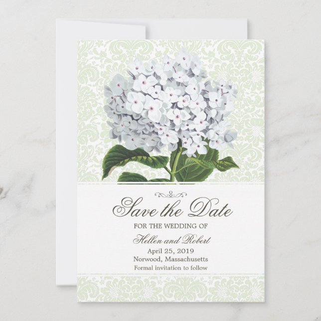Vintage White Hydrangea Save The Date (Front)