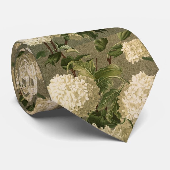 Vintage White Hydrangeas on Neutral Grey Tie (Rolled)