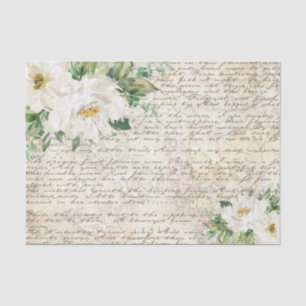 Vintage White Ivory Floral Old Letter Decoupage Tissue Paper