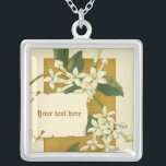Vintage white jasmine flowers silver necklace<br><div class="desc">White jasmine flowers with green leaves vintage watercolor drawing silver necklace,  featuring a watercolor drawing of white jasmine flowers and a pinned note on brown and ivory background. A new approach to a vintage design.</div>