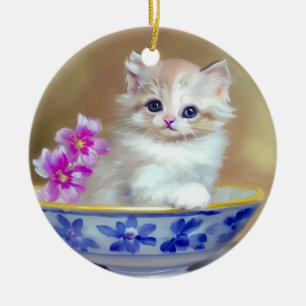 Vintage White Kitten Illustration Ceramic Ornament