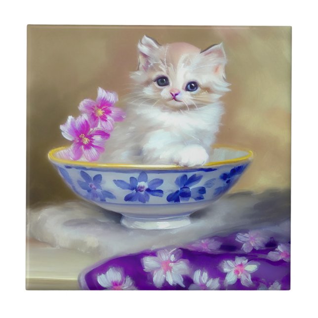 Vintage White Kitten Illustration Ceramic Tile (Front)