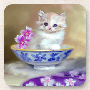 Vintage White Kitten Illustration Coaster