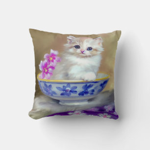 Vintage White Kitten Illustration Cushion