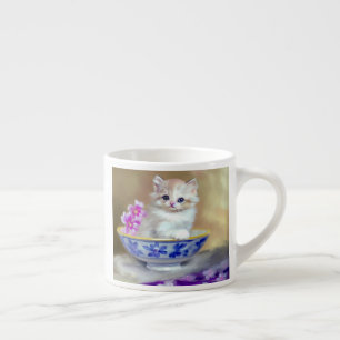 Vintage White Kitten Illustration Espresso Cup