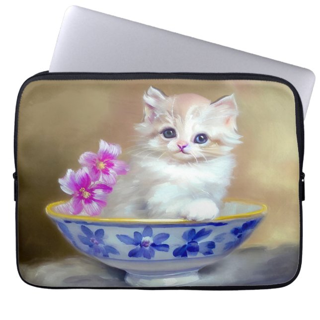 Vintage White Kitten Illustration Laptop Sleeve (Front)