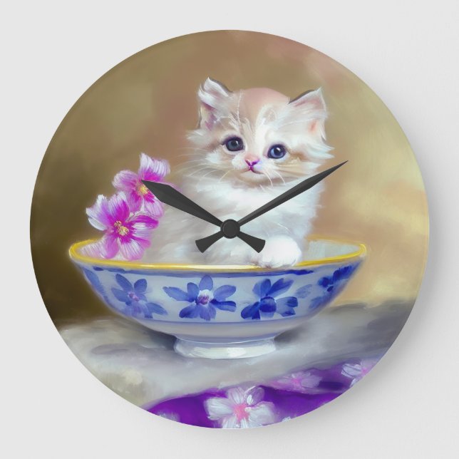 Vintage White Kitten Illustration Large Clock (Front)
