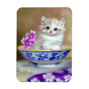 Vintage White Kitten Illustration Magnet