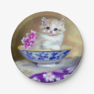 Vintage White Kitten Illustration Paper Plate