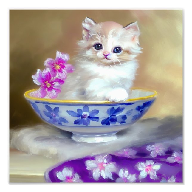 Vintage White Kitten Illustration Photo Print (Front)