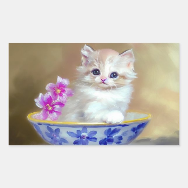 Vintage White Kitten Illustration Rectangular Sticker (Front)